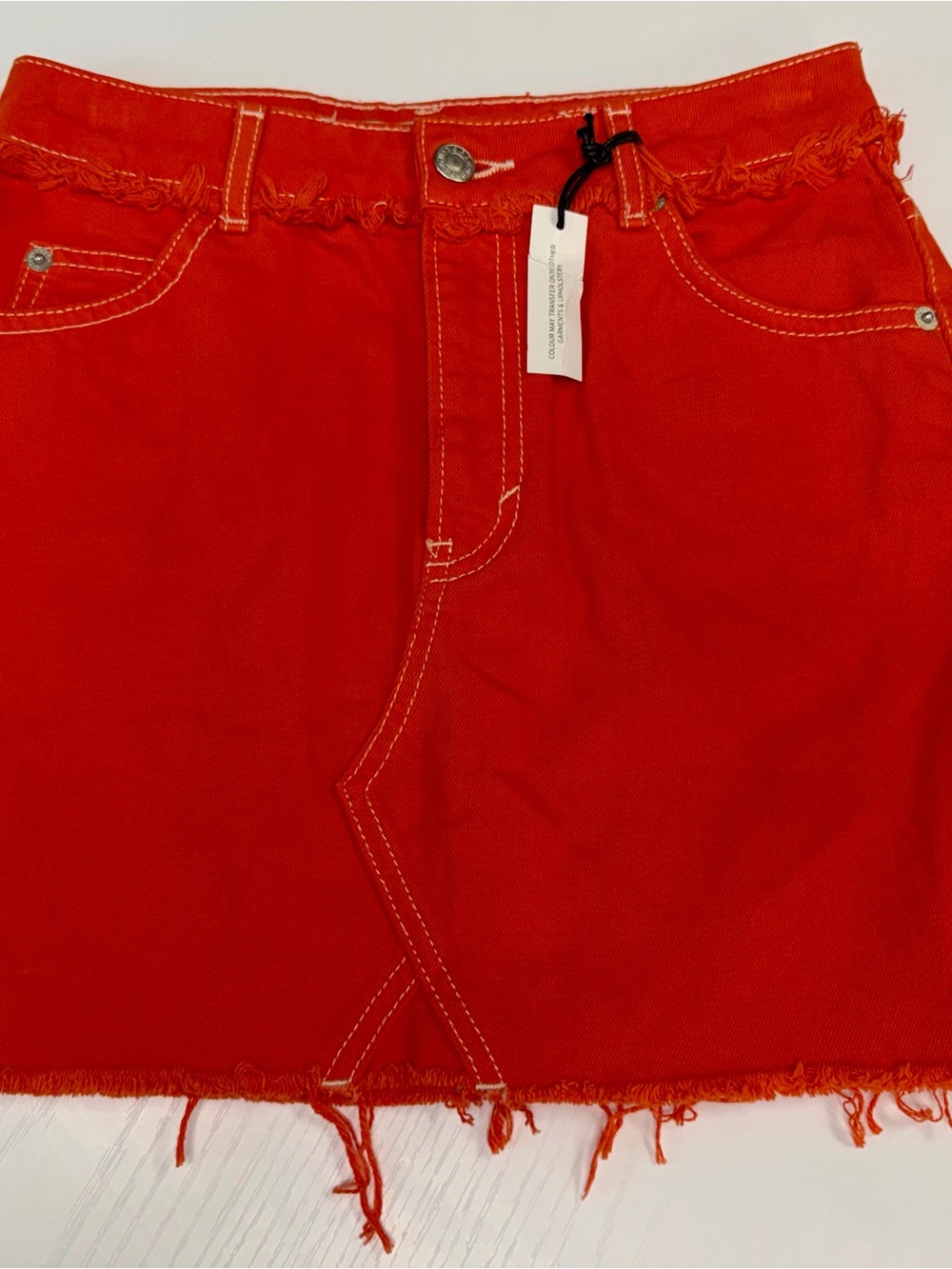Red Frayed Hem Mini Skirt - Women's Denim Style